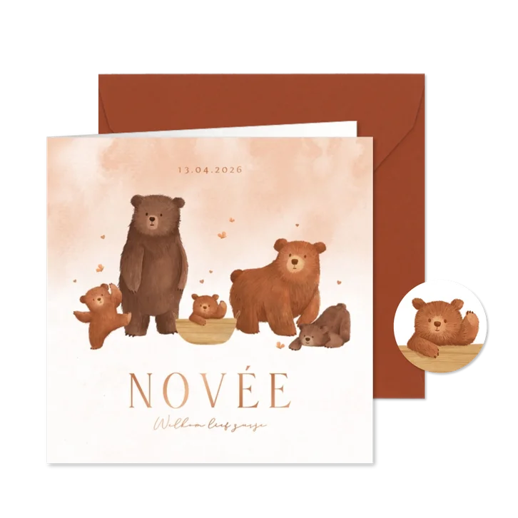 Geboortekaartje derde kindje zusje beren familie waterverf