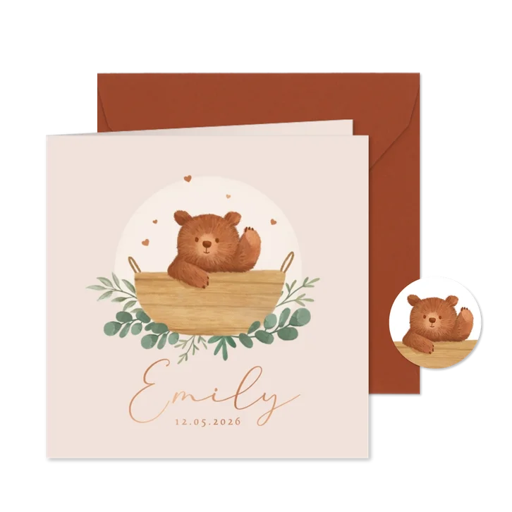 Geboortekaartje dieren beertje mandje koper lief