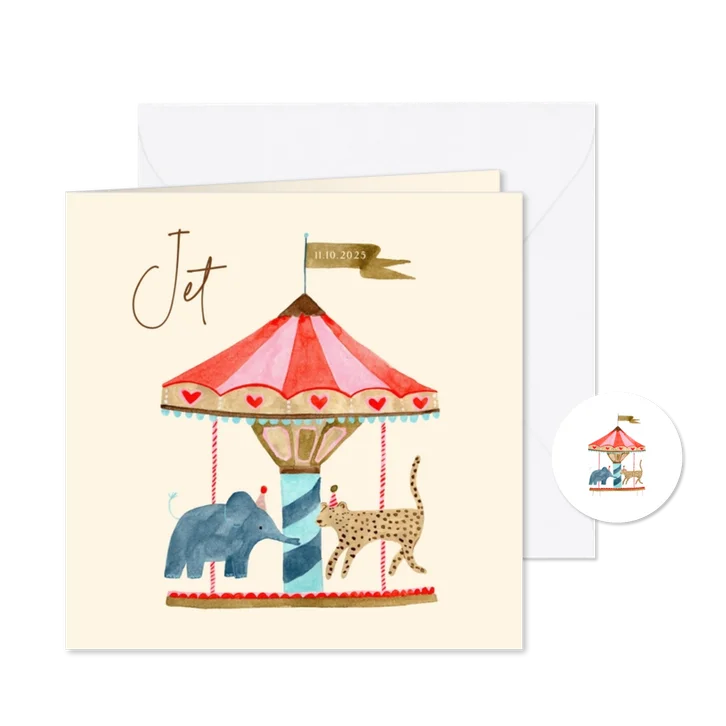 Geboortekaartje dieren carrousel olifant hartjes