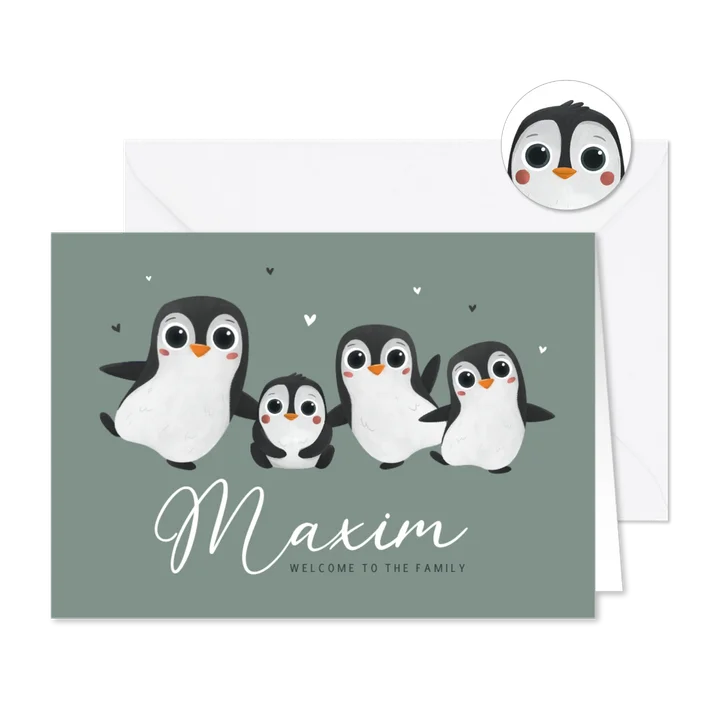 Geboortekaartje dieren groot gezin pinguïns winter hartjes