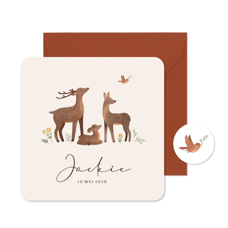 Geboortekaartje dieren hertjes bloemen vogel lief