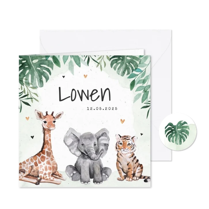 Geboortekaartje dieren jungle giraf olifant tijger waterverf