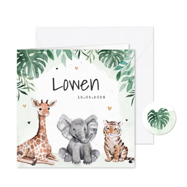 Geboortekaartje dieren jungle giraf olifant tijger waterverf