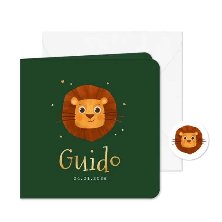 Geboortekaartje dieren leeuw jungle groen hartjes goud
