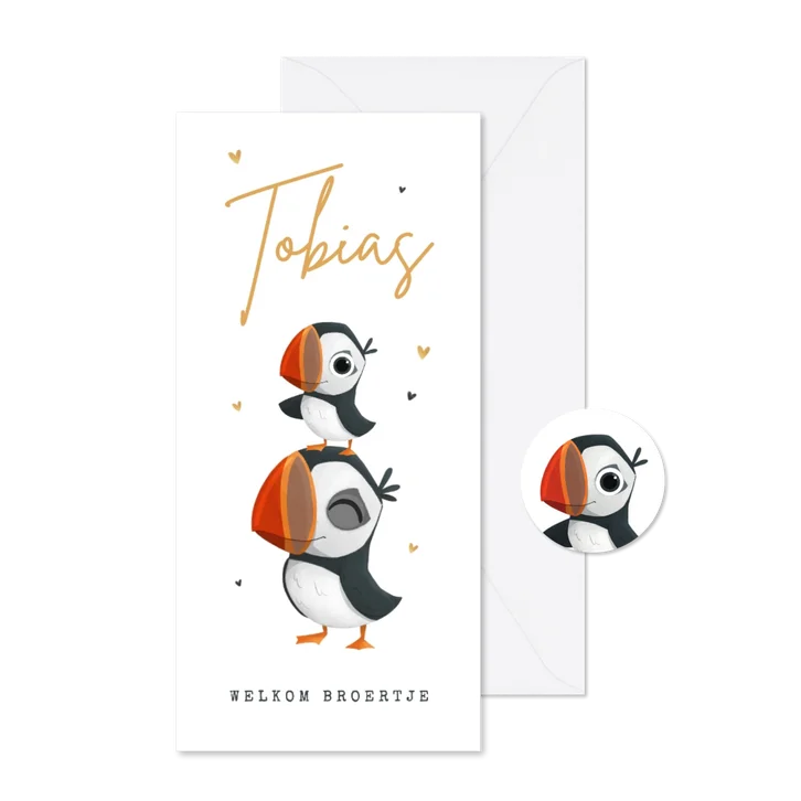 Geboortekaartje dieren papegaaiduiker hartjes broertje