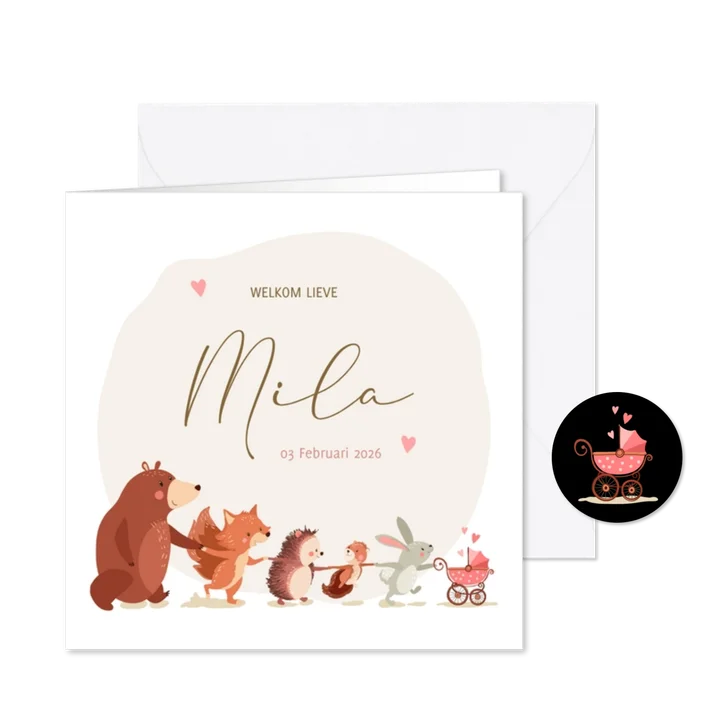 Geboortekaartje dieren uit het bos met kinderwagen