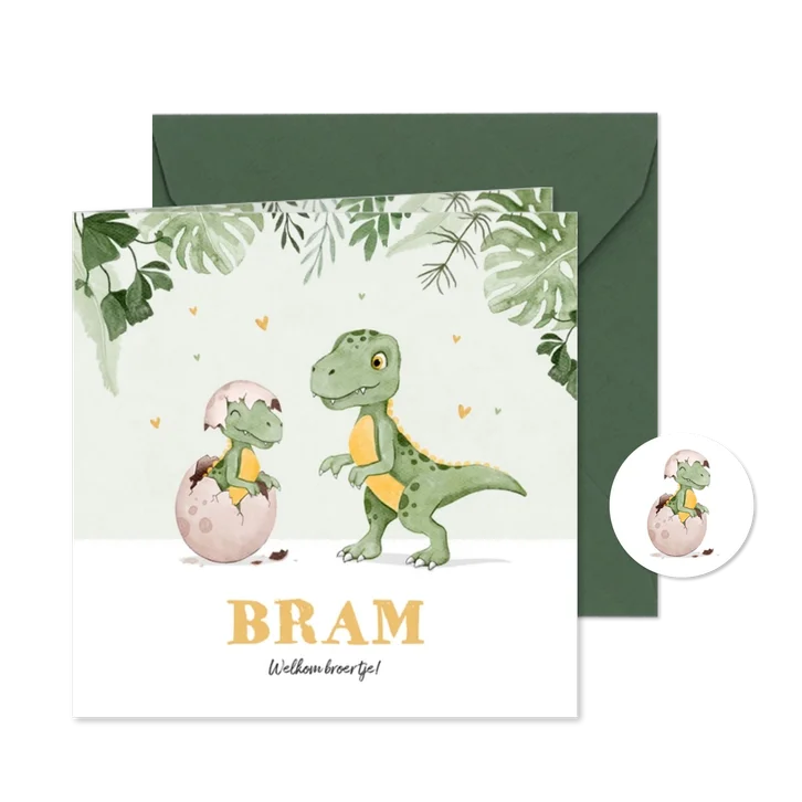 Geboortekaartje dino broertje jungle hartjes waterverf