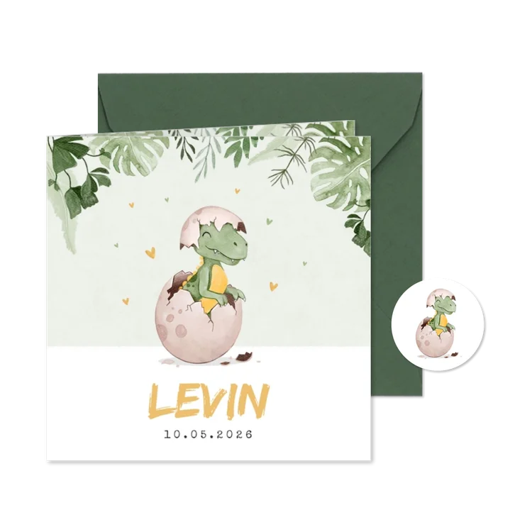 Geboortekaartje dino t-rex jungle hartjes waterverf