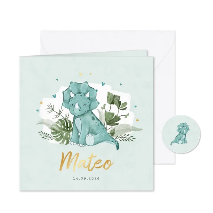 Geboortekaartje dino triceratops waterverf jungle dieren