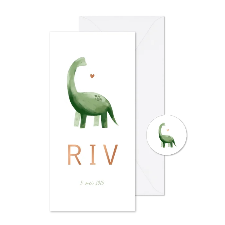 Geboortekaartje dinosaurus illustratie hartje koper jongen
