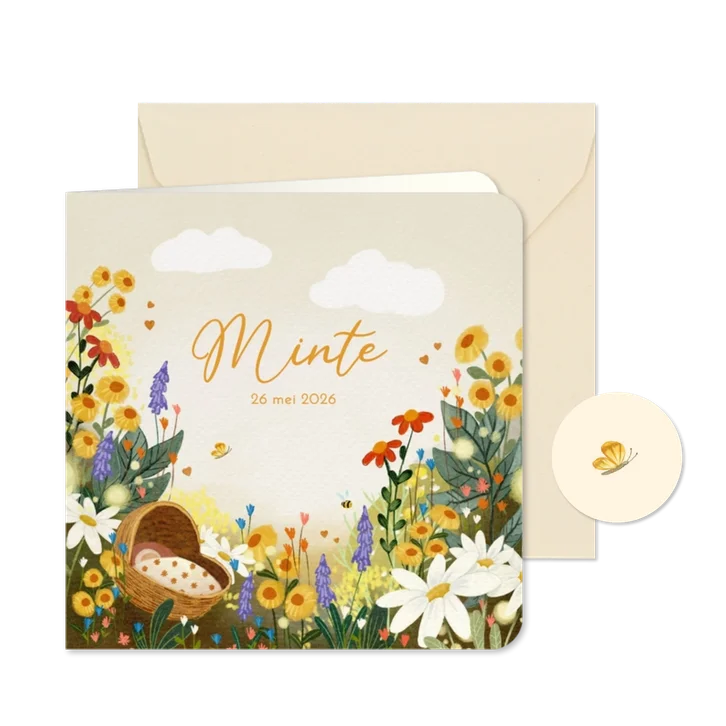 Geboortekaartje dochter met kleurrijke bloemen en vlindertje