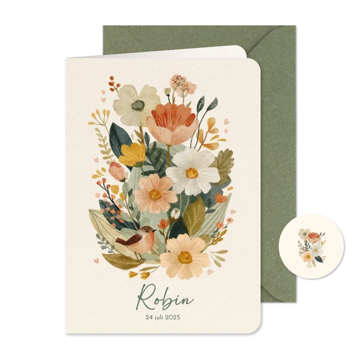 Geboortekaartje dochter met stijlvolle bloemen en vogeltje
