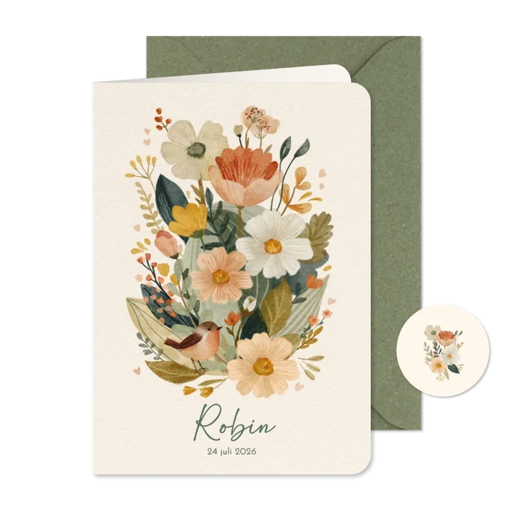 Geboortekaartje dochter met stijlvolle bloemen en vogeltje