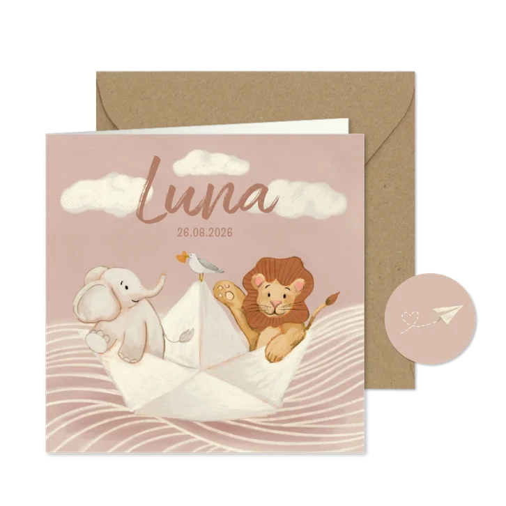 Geboortekaartje dochter papieren bootje leeuw en olifant