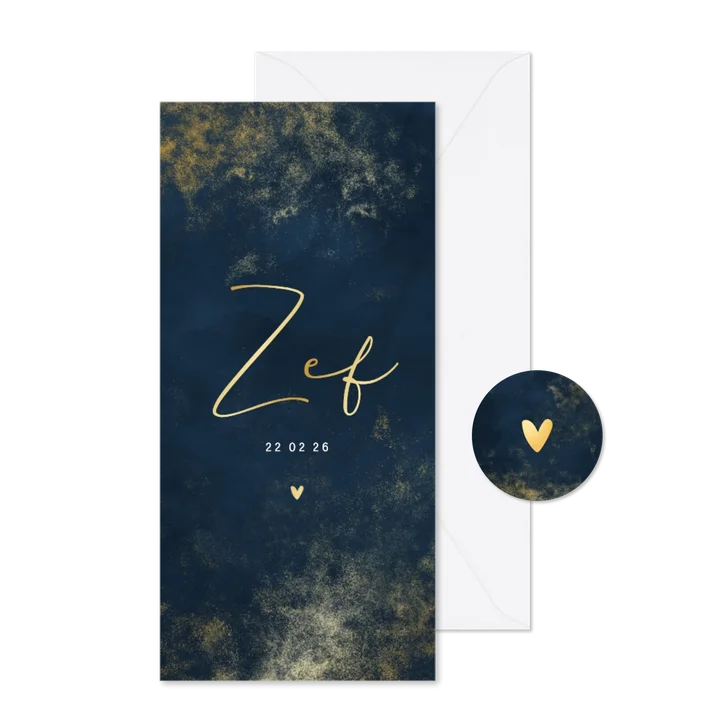 Geboortekaartje donkerblauwe waterverf gouden poeder