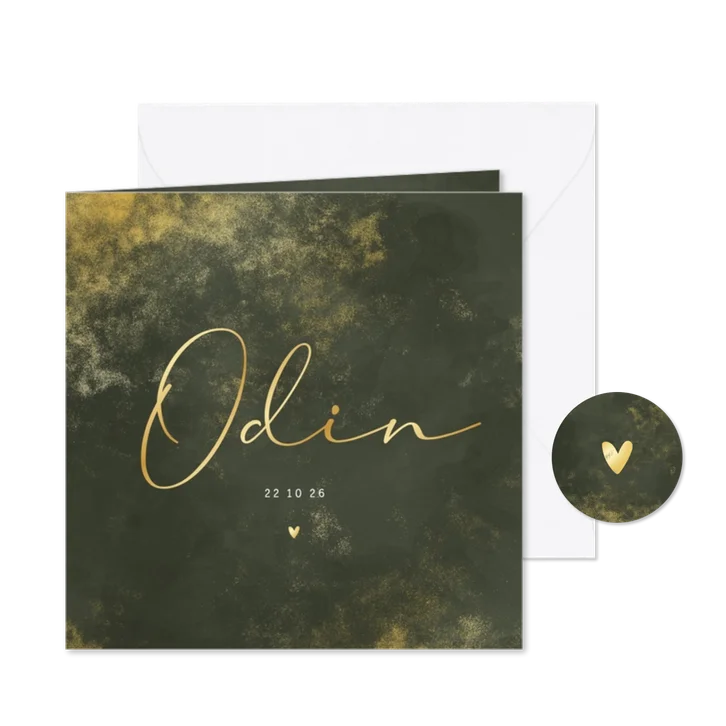 Geboortekaartje donkergroene waterverf gouden poeder
