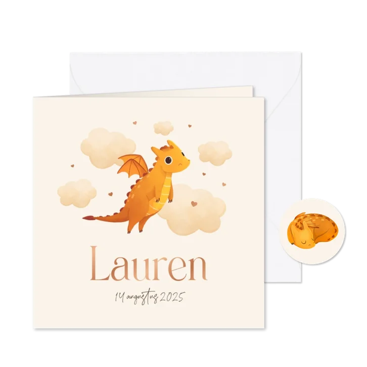 Geboortekaartje draakje schattig wolkjes unisex hartjes