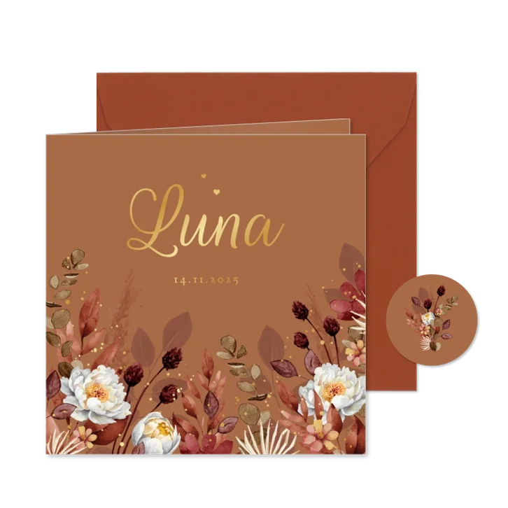 Geboortekaartje droogbloemen waterverf bruin 
