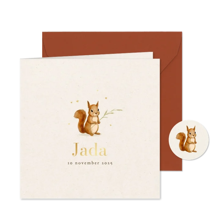 Geboortekaartje eekhoorn herfst unisex hartjes goud lief