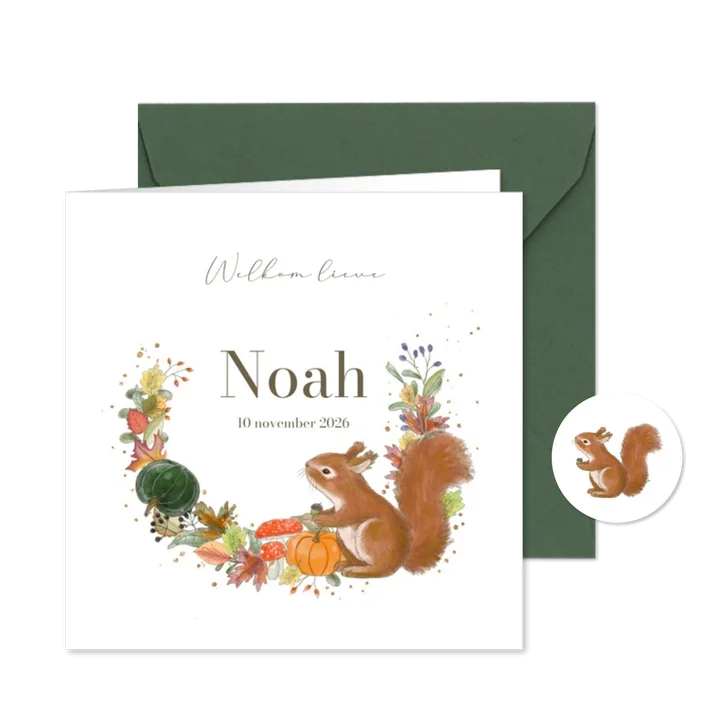 Geboortekaartje - Eekhoorn krans herfst