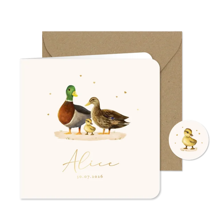 Geboortekaartje eenden papa mama kindje hartjes goud