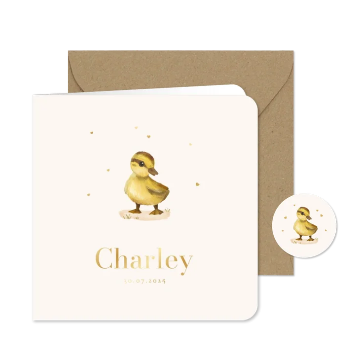 Geboortekaartje eendje kuiken lief goud hartjes stijlvol