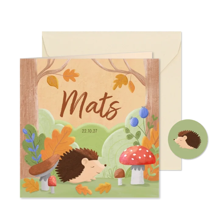 Geboortekaartje egel paddenstoelen en bladeren in het bos