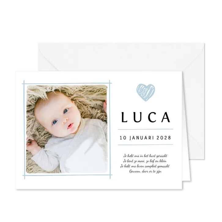 Geboortekaartje eigen babyfoto en blauw details