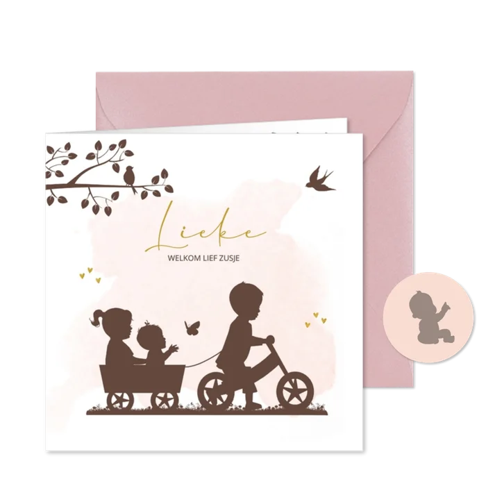 Geboortekaartje fietsje met kar en broer zus en baby meisje