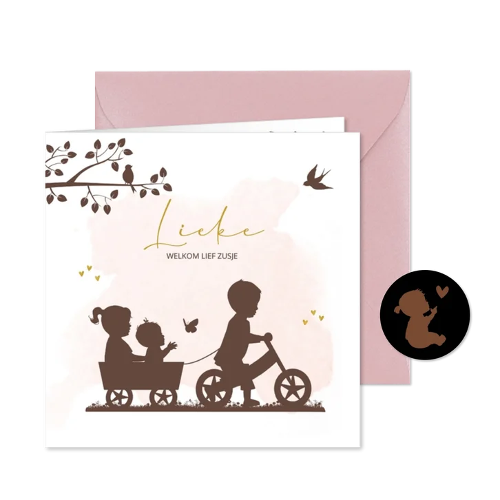 Geboortekaartje fietsje met kar en broer zus en baby meisje