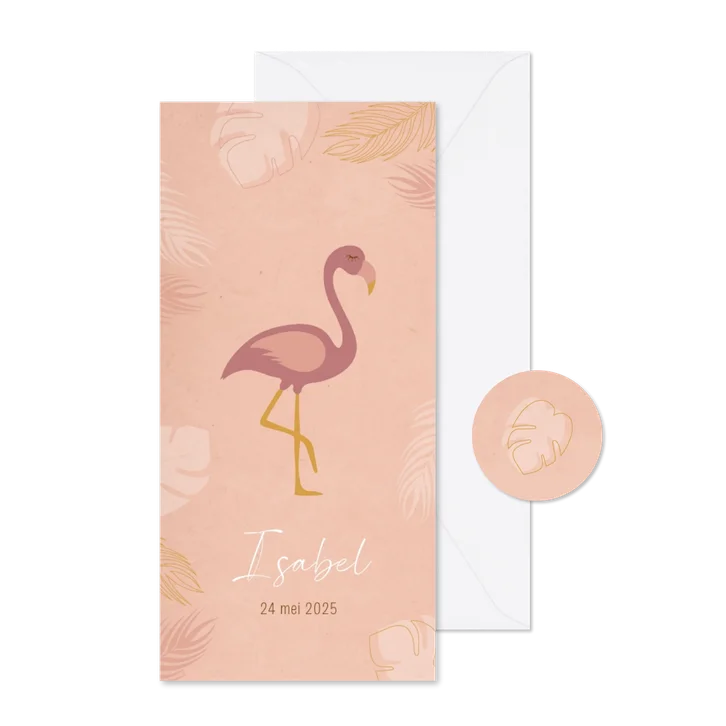 Geboortekaartje flamingo en bladeren