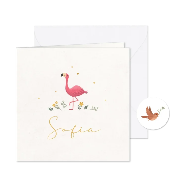 Geboortekaartje flamingo minimalistisch hartjes goud bloemen