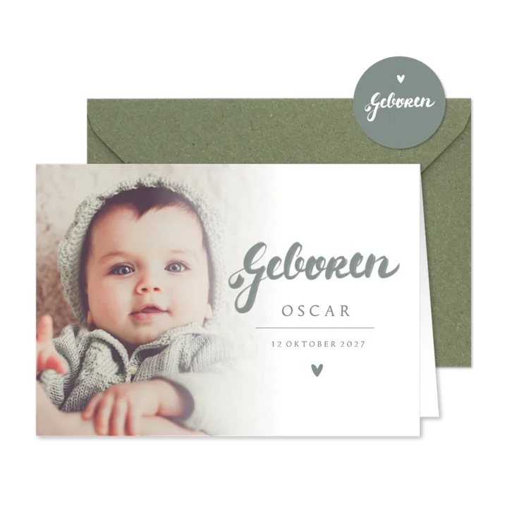 Geboortekaartje foto en handlettering grijsgroen
