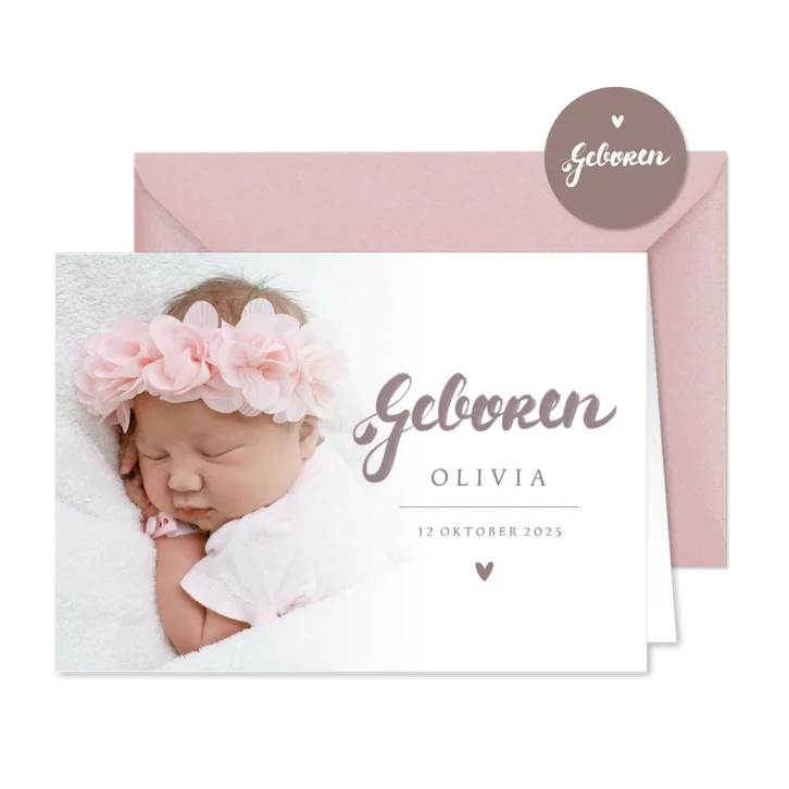 Geboortekaartje foto en handlettering oudroze