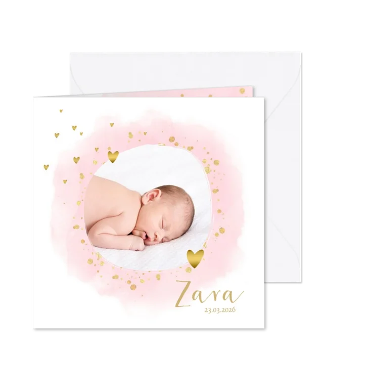 Geboortekaartje foto hartjes waterverf