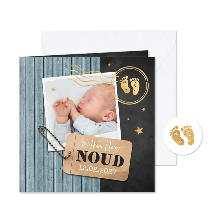 Geboortekaartje foto label houtlook stempel goud 