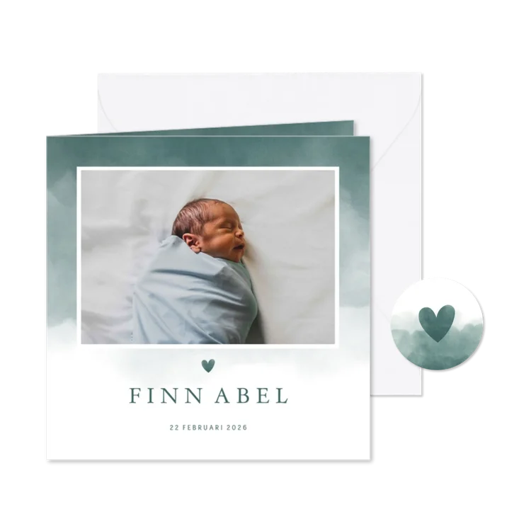 Geboortekaartje foto petrol blauwe waterverf met hartje