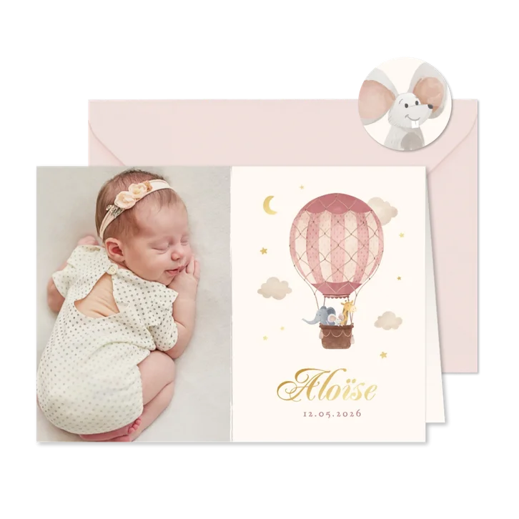 Geboortekaartje foto roze dieren luchtballon vintage sterren