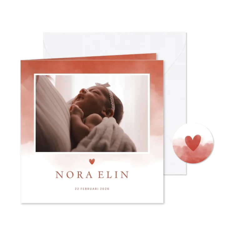 Geboortekaartje foto terra roze waterverf met hartje