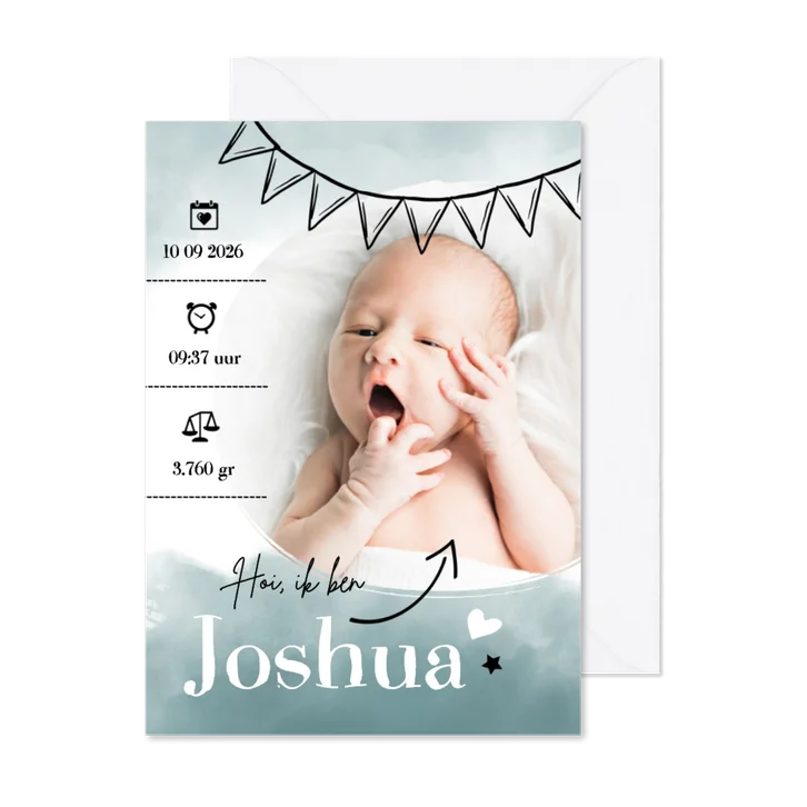 Geboortekaartje foto turquoise waterverf & slinger