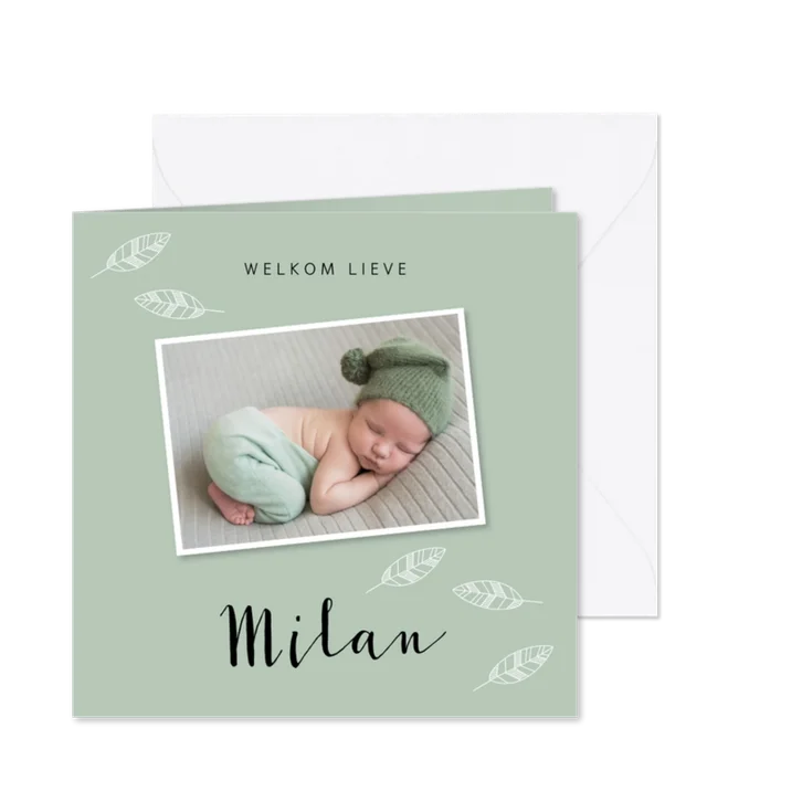 Geboortekaartje foto veertjes mintgroen vierkant