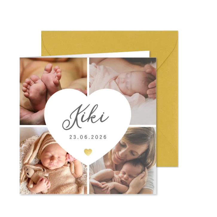 Geboortekaartje fotocollage 4 foto's met wit hart en naam