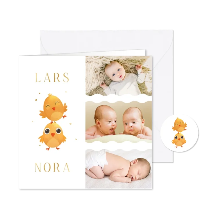 Geboortekaartje fotocollage tweeling kuikentjes lente goud