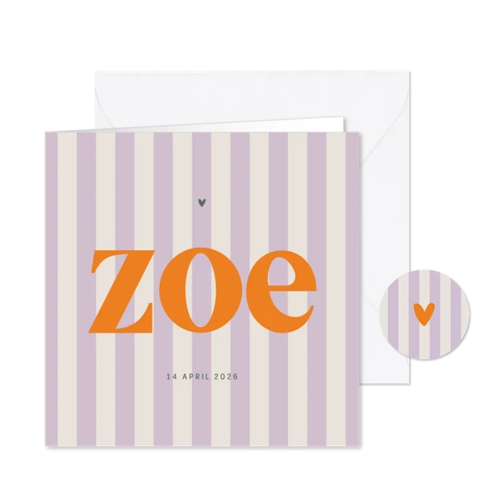 Geboortekaartje gestreept lichtpaars beige minimalistisch