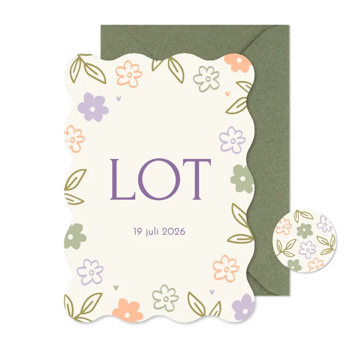 Geboortekaartje golf met gekleurde bloemetjeskader