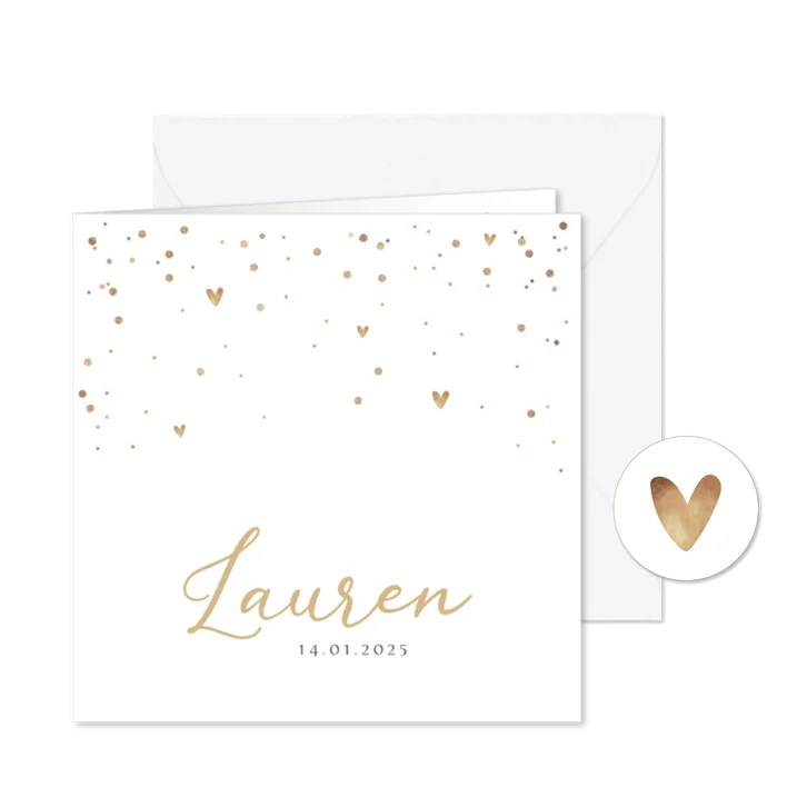 Geboortekaartje goud sterren confetti stijlvol hartjes