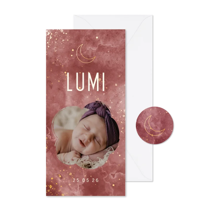 Geboortekaartje gouden maan met foto en wolkjes