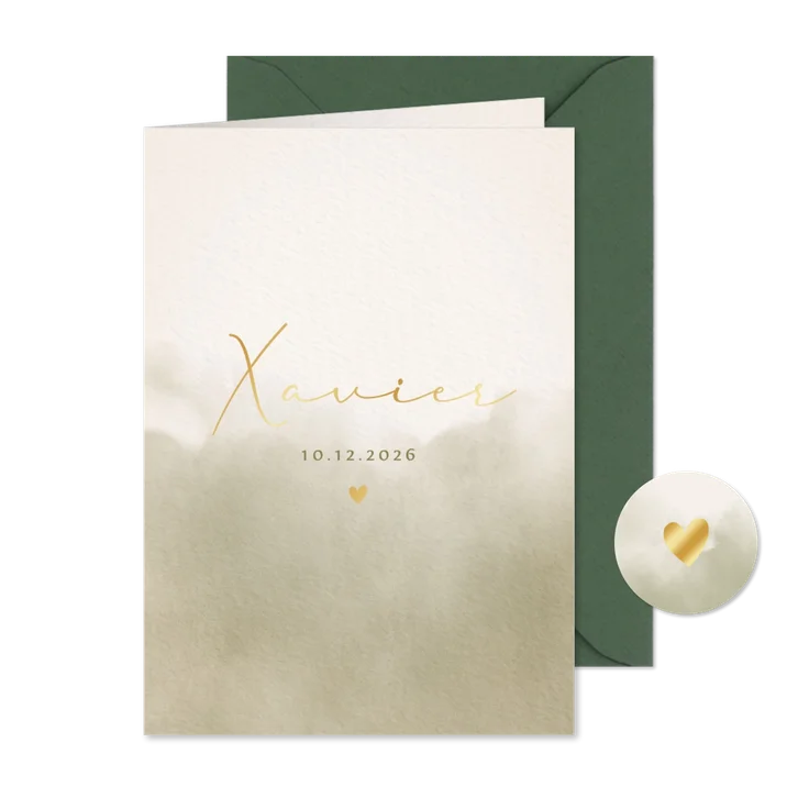 Geboortekaartje groen minimalistisch waterverf goud hartje