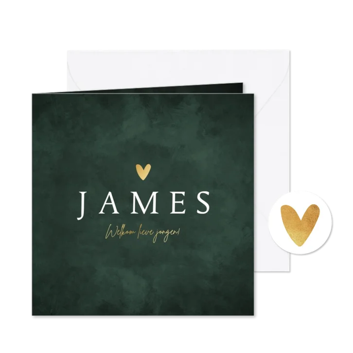 Geboortekaartje groen stijlvol goud hartje jongen