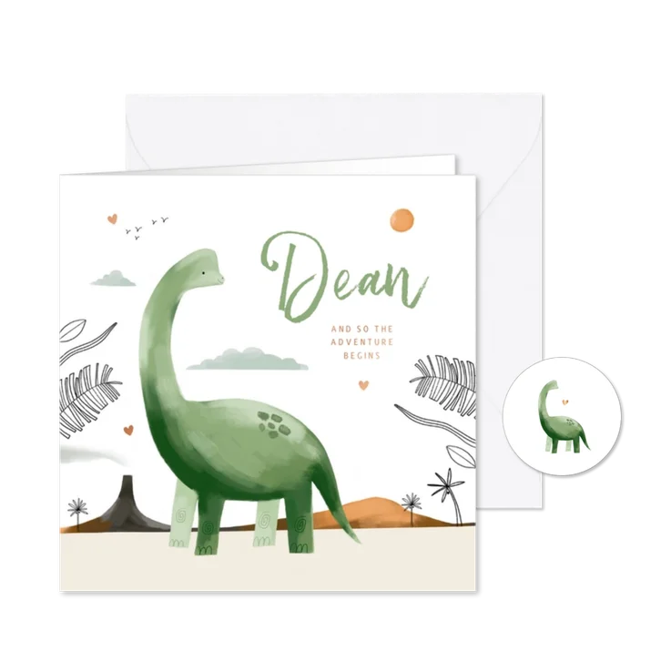 Geboortekaartje groene brontosaurus jungle hartjes koper